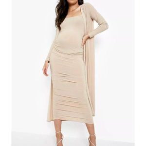 NWT MATERNITY SQUARE NECK RUCHED DUSTER DRESS SET BOOHOO US Size 6 Stone
